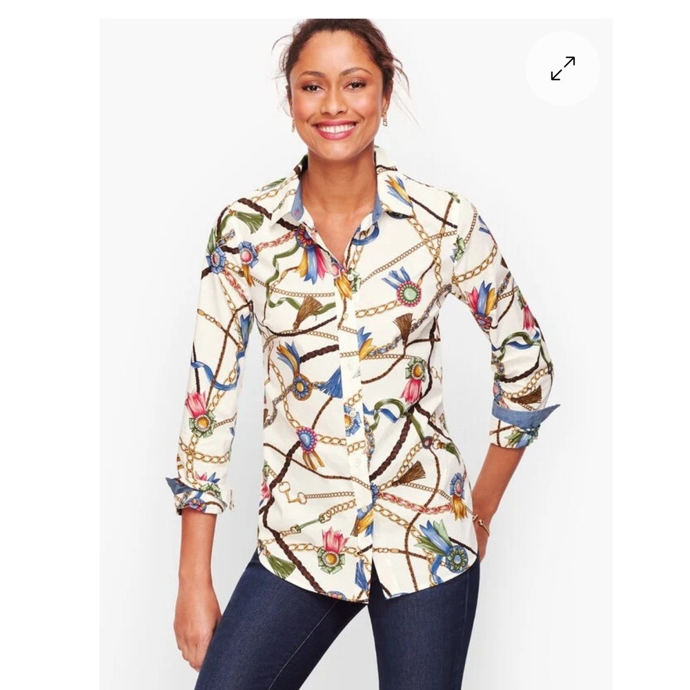 Talbots Classic Cotton Shirt MP Links & Ribbons Equestrian Button White Preppy